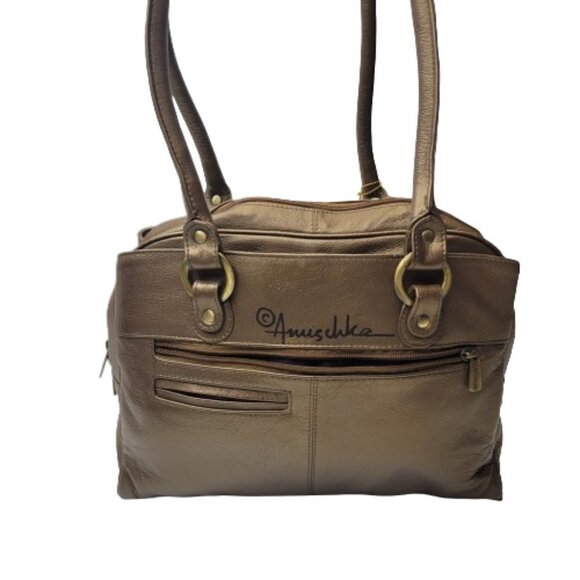 Anuschka Leather Handbag Bronze Gold Handpainted Triple Compartment Handbag - Picture 5 of 16